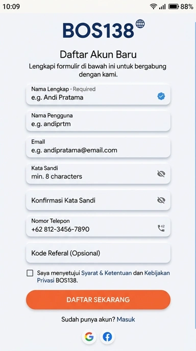 Tampilan halaman daftar bos138
